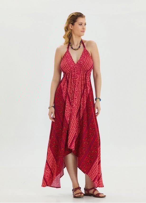 V Neck Backless Halter Neck Coral Floral Dress 4655